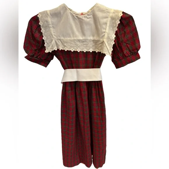 80s SUSANNE LIVELY RED TARTAN PLAID HERITAGE PRINT MAXI DRESS W PILGRIM COLLAR 8 - Picture 1 of 7